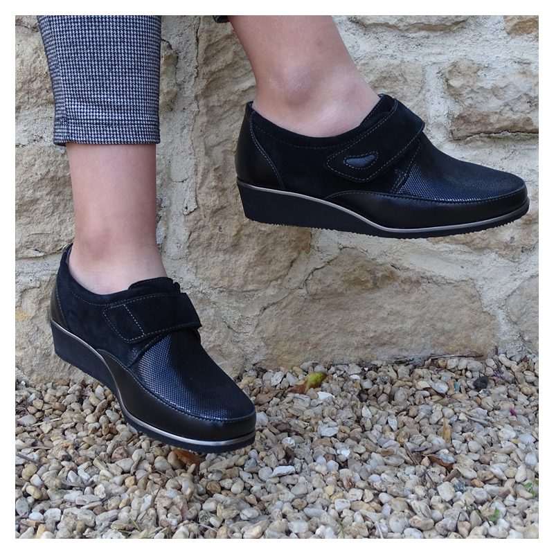 Derby orthopédique tissu élastiqué et cuir léger talon